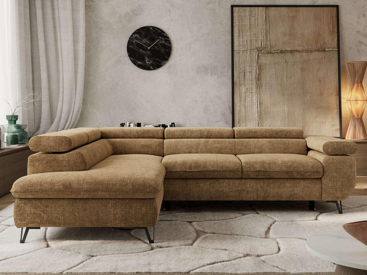 ECKSOFA PABLO L Hellbraun Schenille grob gewebt - Links Seite mit Visco Topper - Hellbraun/Schwarz, Textil/Metall (208/273cm) - MKS