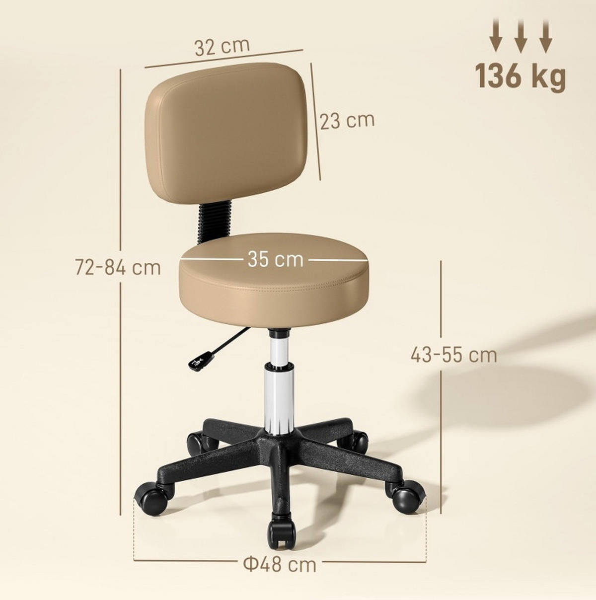 ROLLHOCKER in Braun 35x35x84 cm mit Rückenlehne, höhenverstellbar und drehbar - Braun, Kunststoff (35/84/35cm) - IVMEU