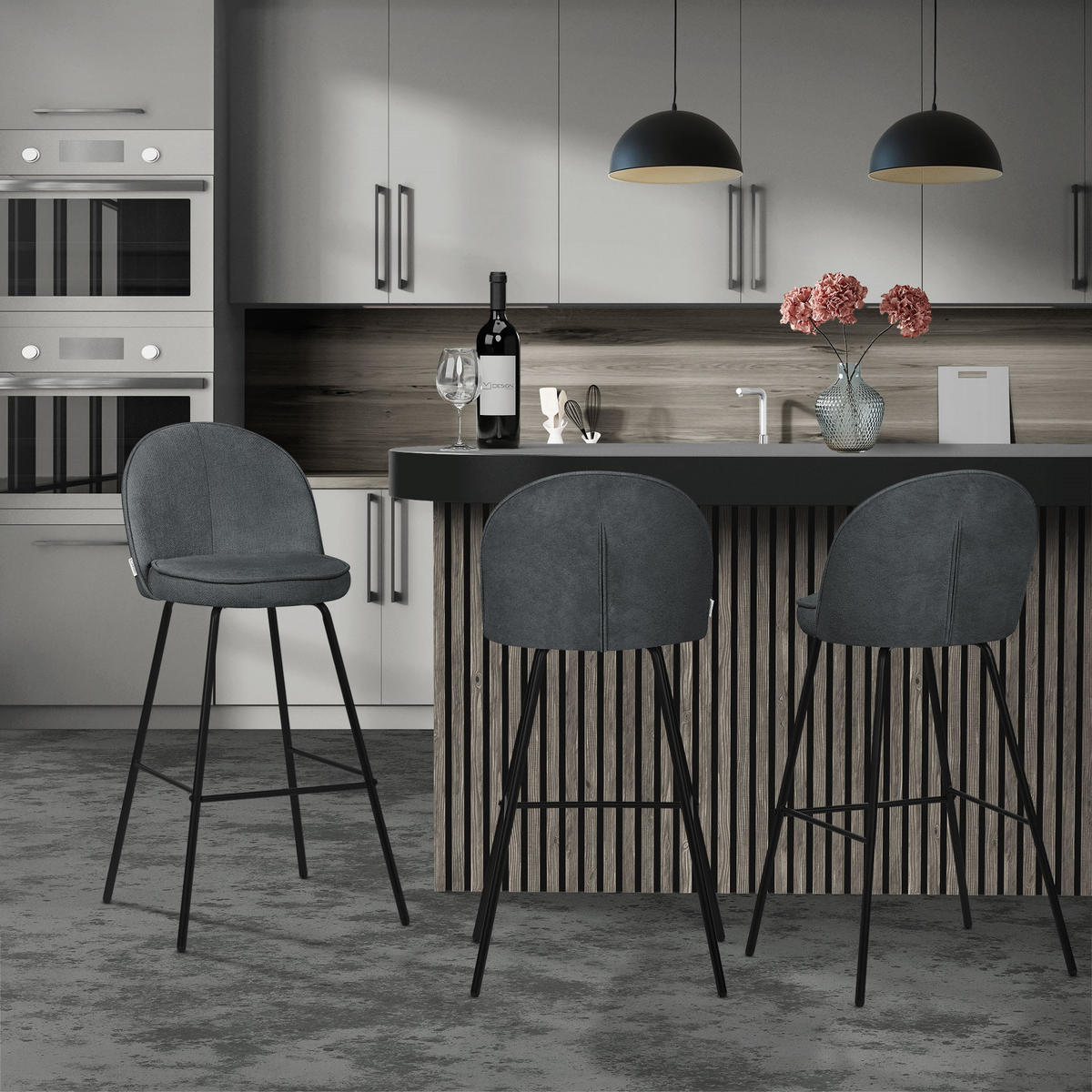 BARHOCKER 2er Set Anthrazit mit Stoffbezug - Anthrazit/Schwarz, Textil/Metall (52/102/50cm) - ML-DESIGN