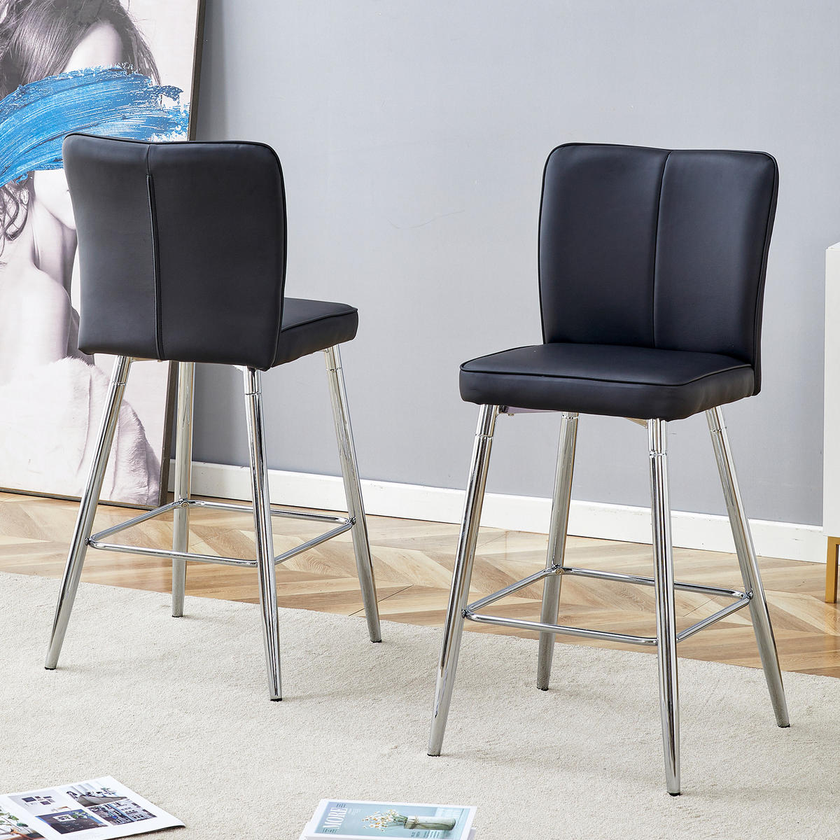 BARHOCKER DE-36533 2er Set mit PU-Bezug und Metallbeinen Schwarz - Schwarz, Metall (44/101/44cm) - ComfortXL