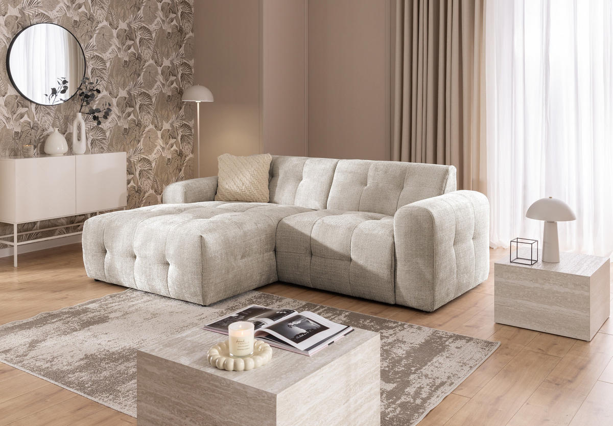 ECKSOFA mit Ottomane links, raffinierten Steppungen, Wellenunterfederung, B234/T161/H79 cm, Chenille-Bezug in Sand Grau / 21038 - Sandfarben/Greige, Kunststoff/Textil (234/79/161cm) - luma-home