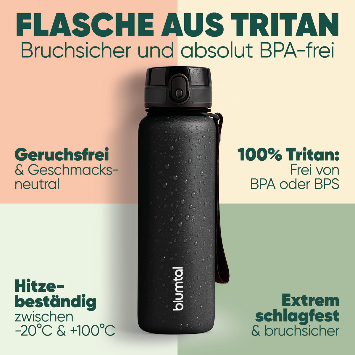 TRINKFLASCHE 0,5L - auslaufsichere - 1-Klick-Verschluss - BPA - freie - Schwarz - Schwarz, Kunststoff (0.5L) - Blumtal
