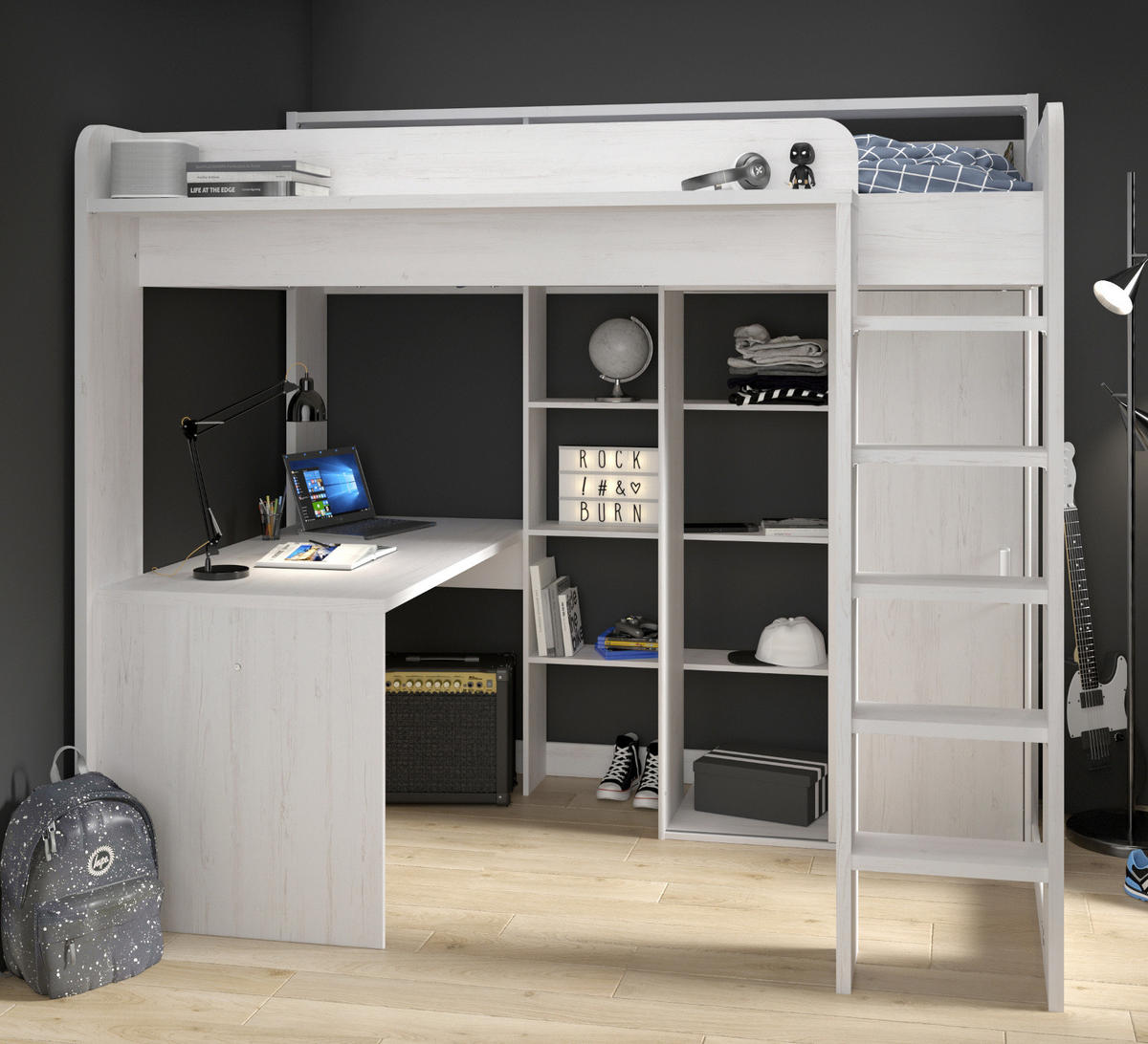 HOCHBETT mit Kleiderschrank und Schreibtisch Bett 90 x 200 cm - Weiß/Kieferfarben, Holzwerkstoff/Kunststoff (90/200cm) - Parisot Meuble