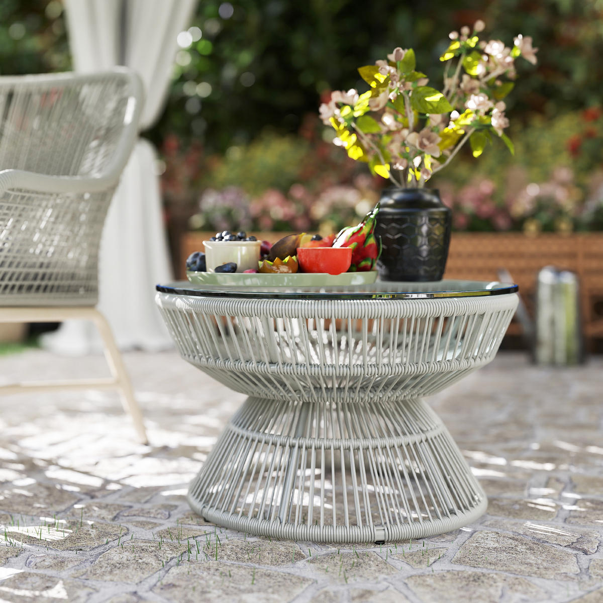 GARTENBEISTELLTISCH DE-13612 rund mit Glasplatte Natur - Hellgrau, Kunststoff/Metall (60/60/37cm) - ComfortXL