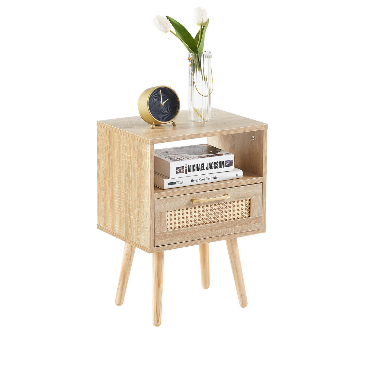 NACHTTISCH 30/40/55 cm natur aus MDF mit Rattanfront und Schublade - Hellbraun, Holzwerkstoff (30/55/40cm) - OKWISH