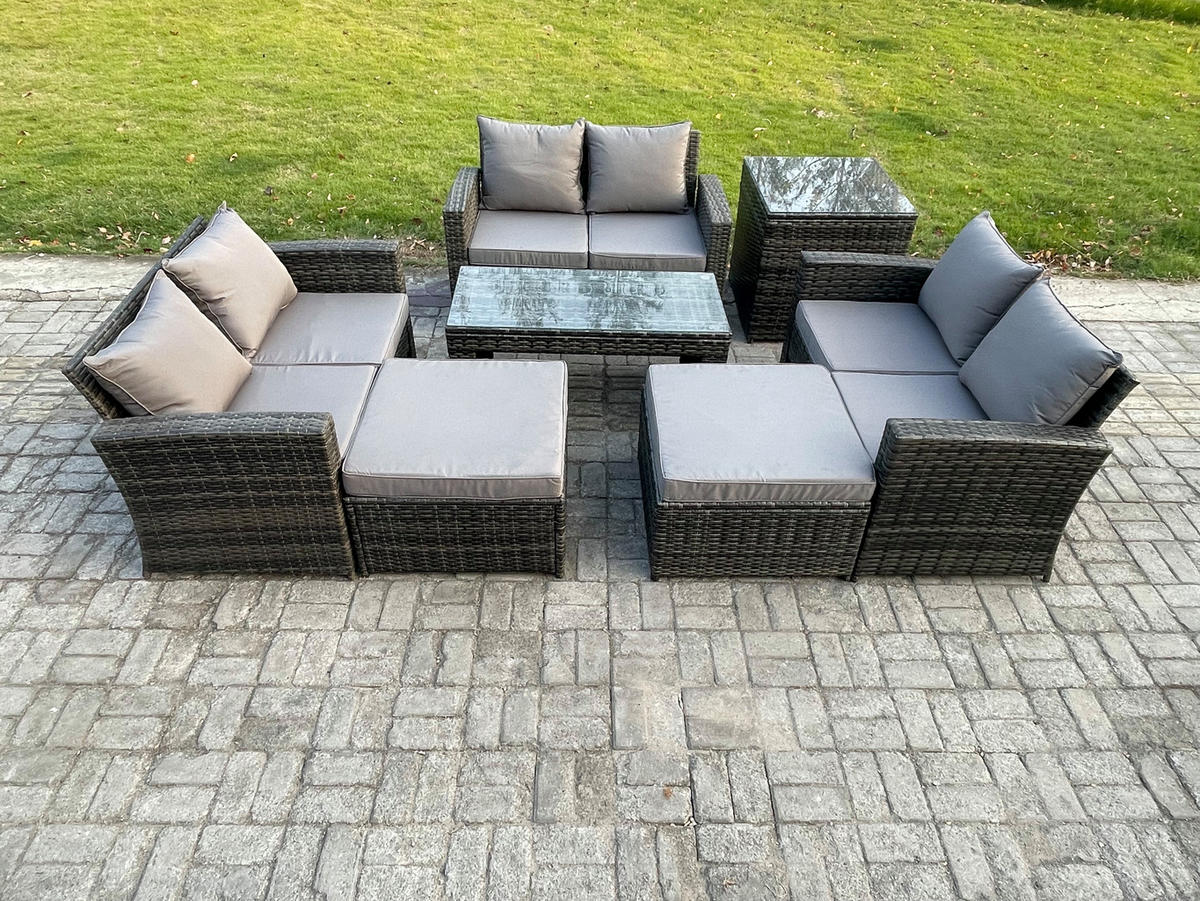 GARTENSOFA SET mit Couchtisch Polyrattan Dunkelgrau 8-Sitzer - Dunkelgrau, Metall - Fimous