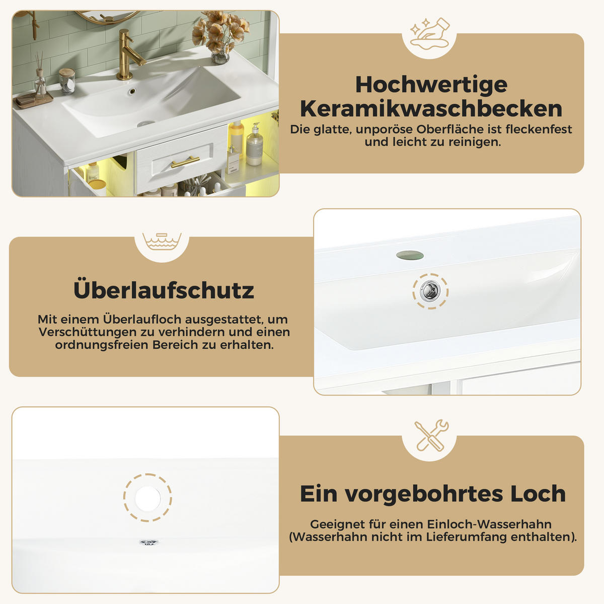 BADEZIMMERSCHRANK Wandmontiert Waschbecken LED Glasfront 76cm - Weiß, Glas (76/55/46cm) - FLIEKS