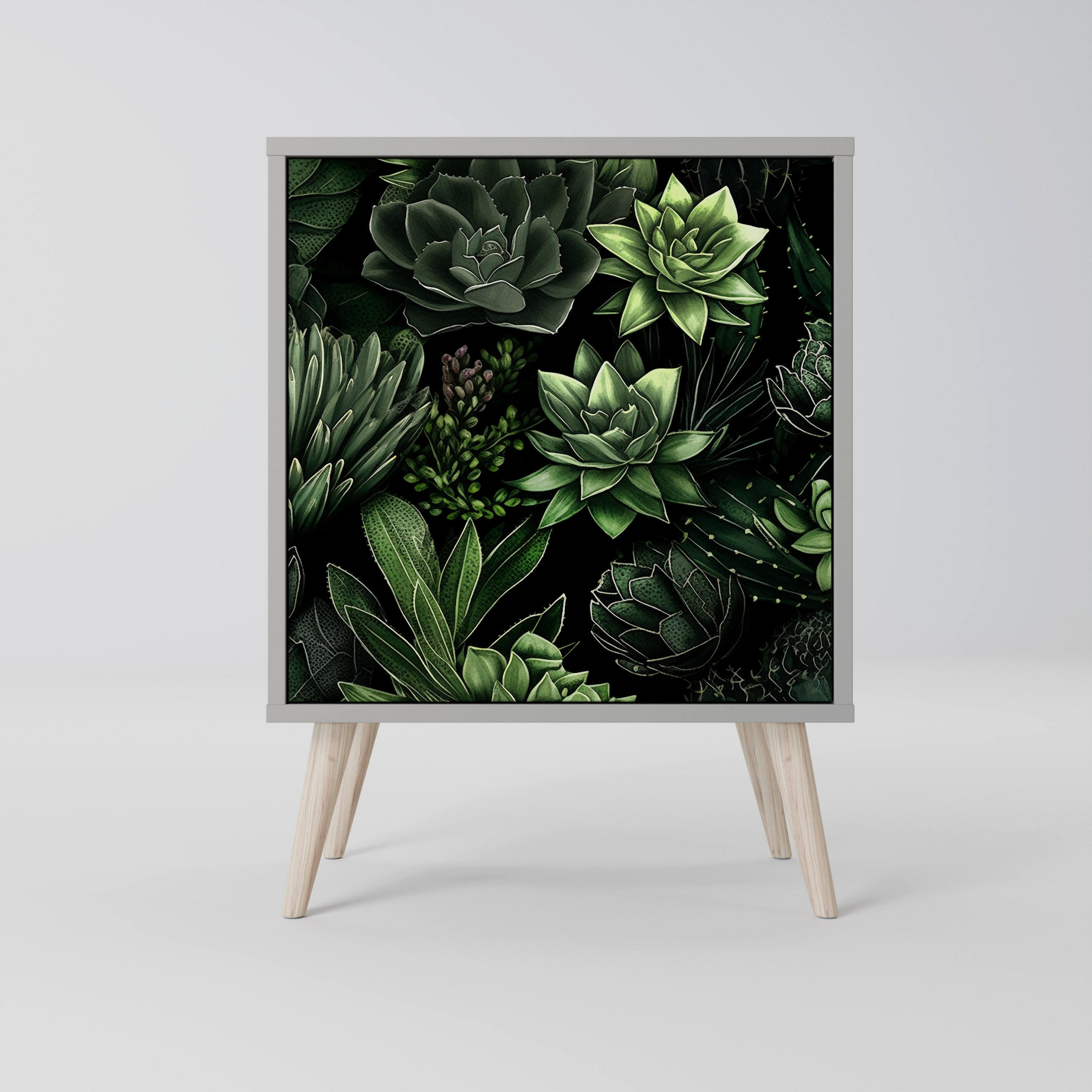 SIDEBOARD SUCCULENT JUNGLE, Grau, 57,5x42x77,5 cm, Schräge Buchenholzfüße - Buchefarben/Multicolor, Holzwerkstoff/Buchenholz (57.5/77.5/42cm) - SpaceRebels