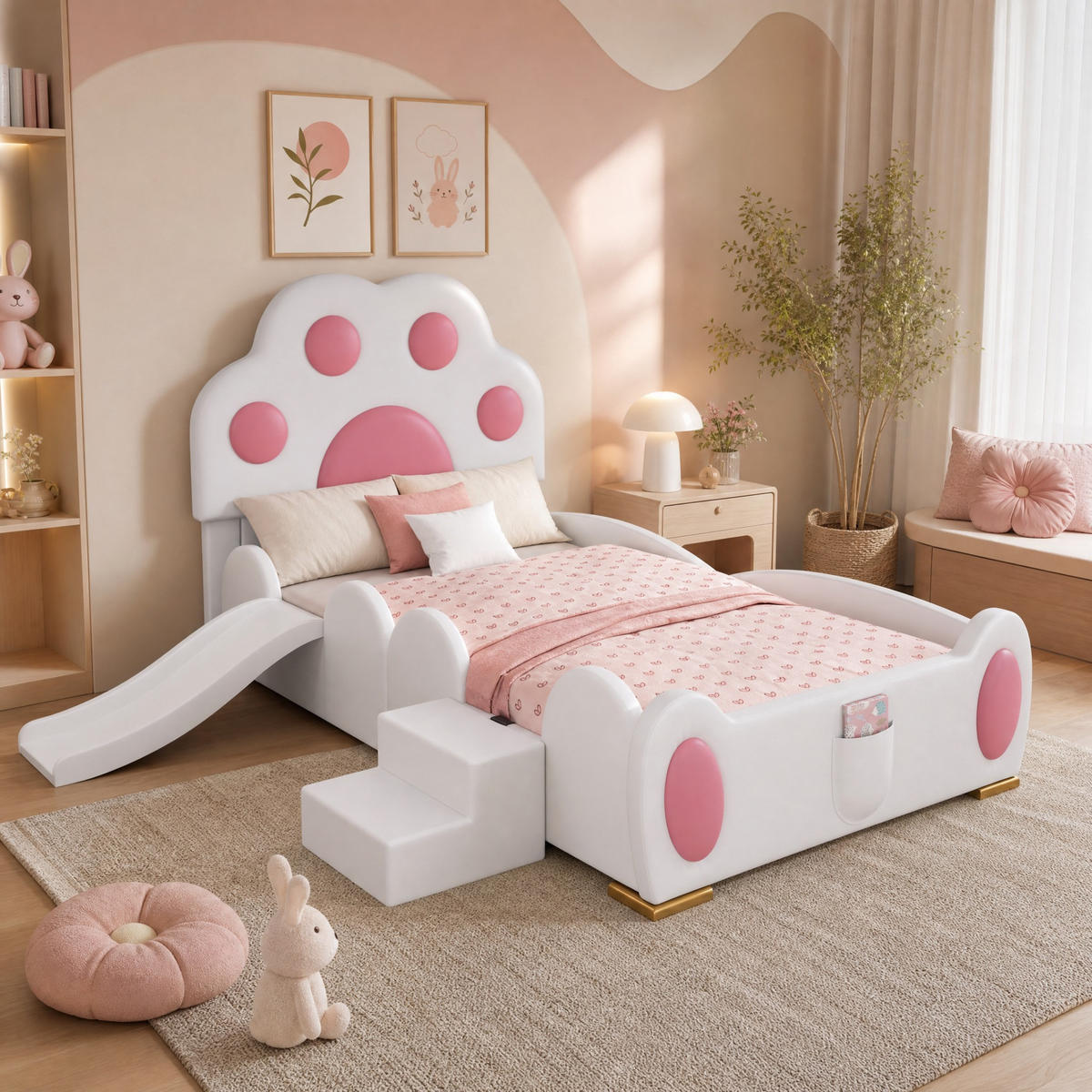 KINDERBETT 90/200 mit Rutsche und Leiter in Weiß und Rosa - Weiß/Rosa, Holzwerkstoff/Textil (90/200cm) - EVRYAE