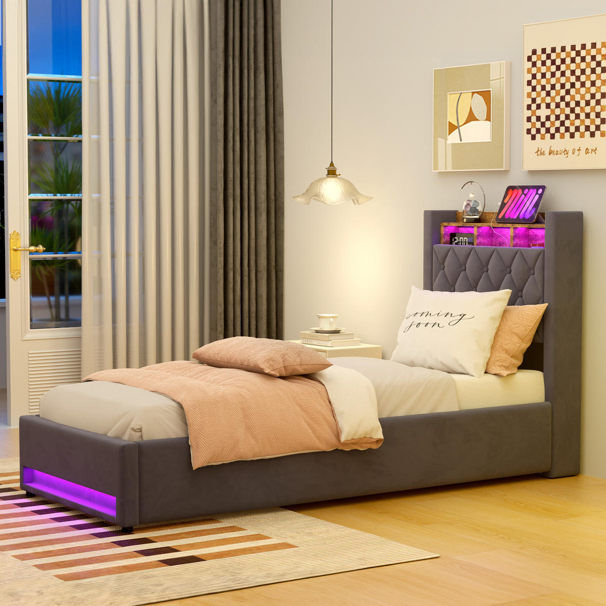 POLSTERBETT 90/200 cm Grau mit LED-Lichtleiste und USB-Anschlüssen - Grau, Holzwerkstoff (90/200cm) - OKWISH