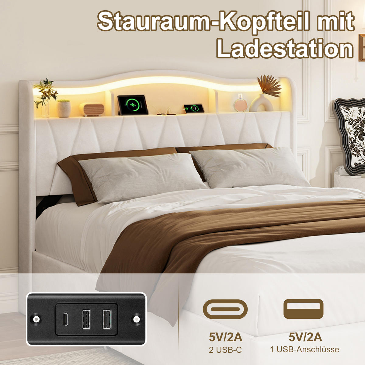 POLSTERBETT 160x200 cm Beige mit LED, USB-C, 4 Schubladen - Beige, Holz (160/200cm)