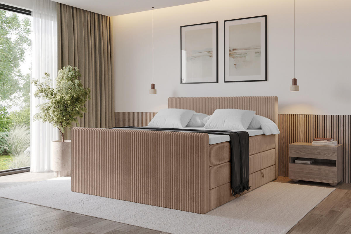 BOXSPRINGBETT mit Matratze H3|H4 und Lattenrost - TOLO-Z KING 140x200 Cord - Beige - Sandfarben, Holzwerkstoff (140/200cm) - ALTDECOR