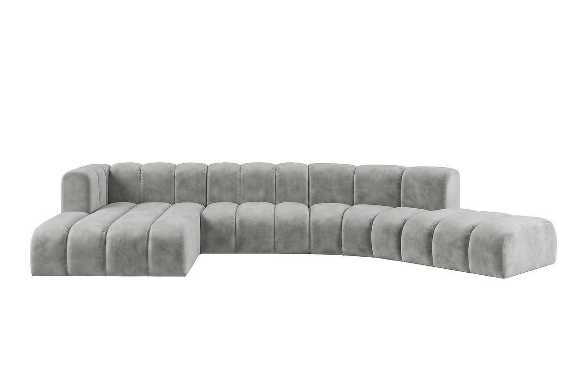 ECKSOFA Modulares In L-Form, Velvet-Stoff Riviera, Grau, Links, GRAND Round - Grau, Holz (445/179cm) - Kaiser Möbel