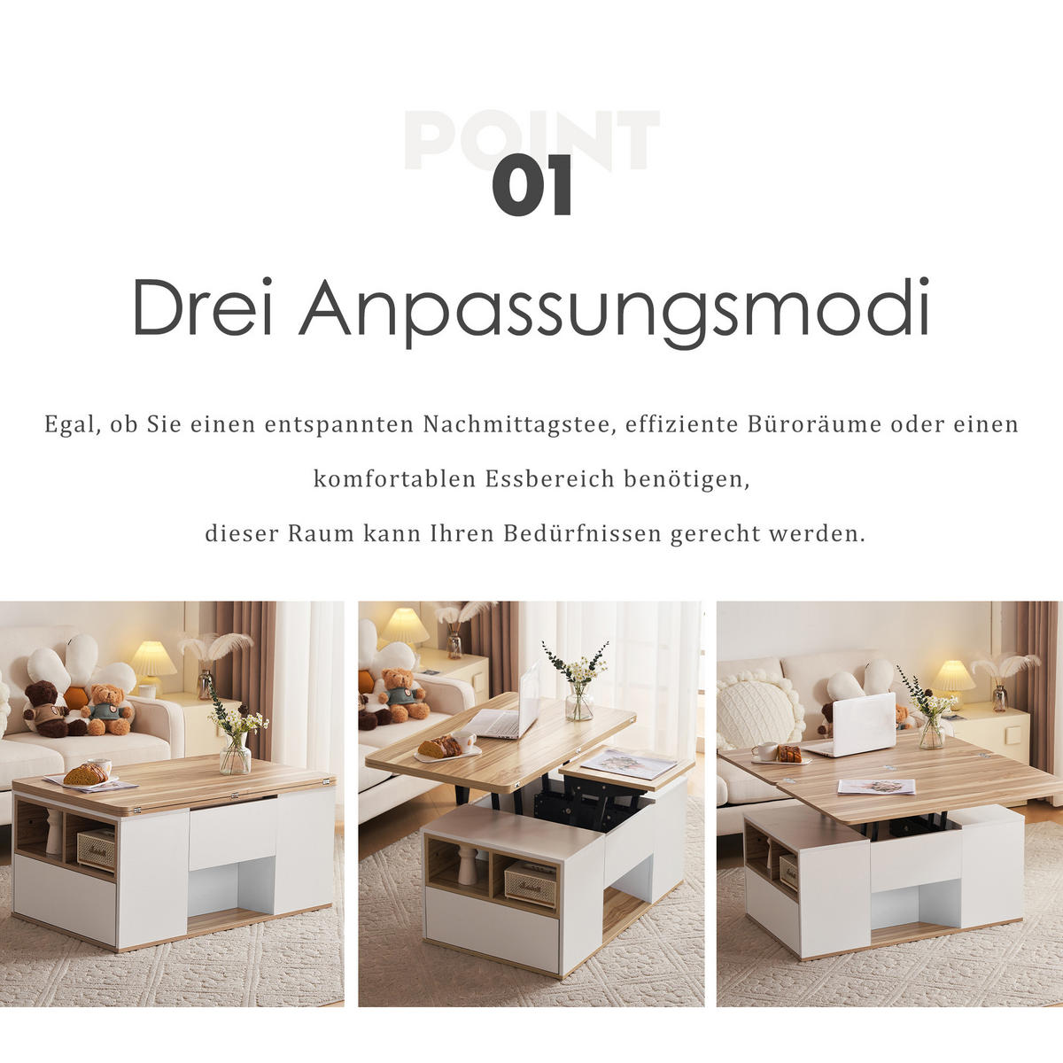 COUCHTISCH DE-057 Multifunktion Weiß/Originalholzfarbe - Weiß, Holzwerkstoff (51/100/47cm) - ComfortXL