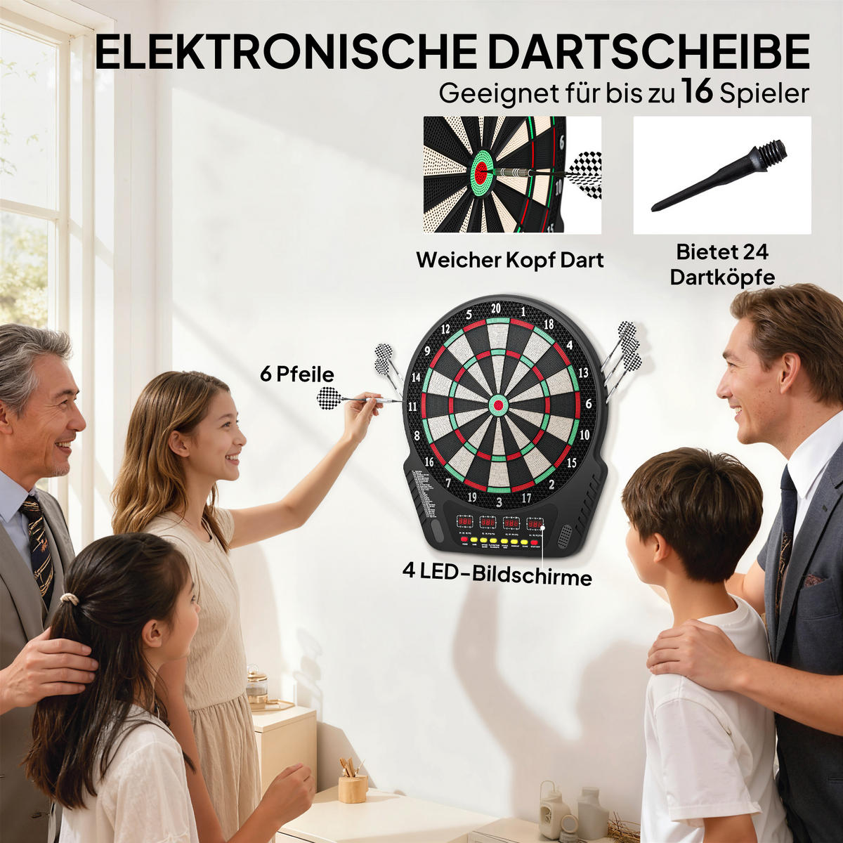 ELEKTRONISCHE Dartscheibe Dartboard Soundeffekte LED Anzeige 27 Spiele - Schwarz, Kunststoff (51.5/3.2/44cm) - HOMCOM
