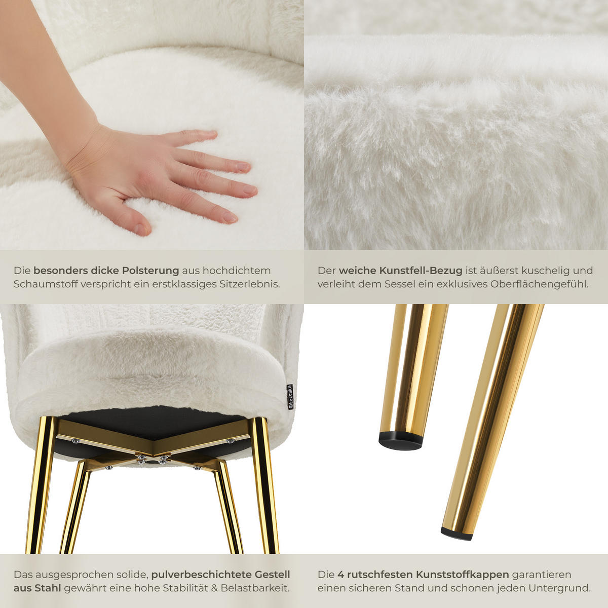 SESSEL Stella,67 x 64 x 76 cm,Kunstfell creme/gold - Goldfarben/Creme, Textil (67/76/64cm) - tectake