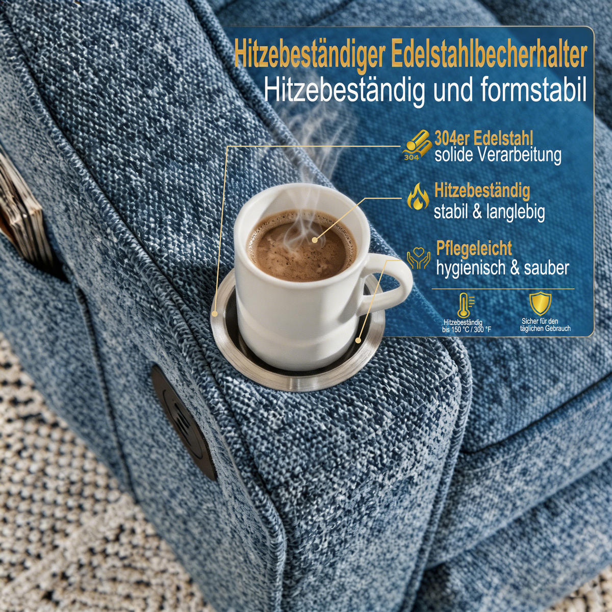 RELAXSESSEL 190/85/86 cm Marineblau mit USB-/Typ-C-Anschluss und Seitentasche - Dunkelblau, Textil (190/86/85cm) - Oxeza