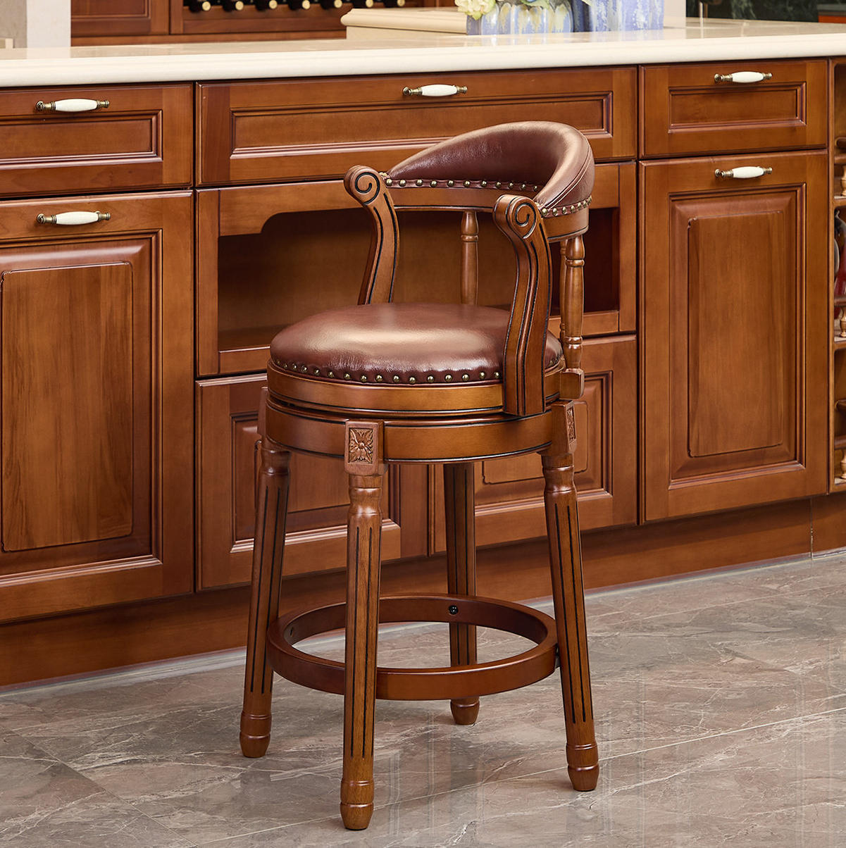 BARHOCKER drehbar Sitzhöhe ca. 66 cm Leder Holz Braun - Braun, Holz (54.8/96/54.8cm) - Meubliv