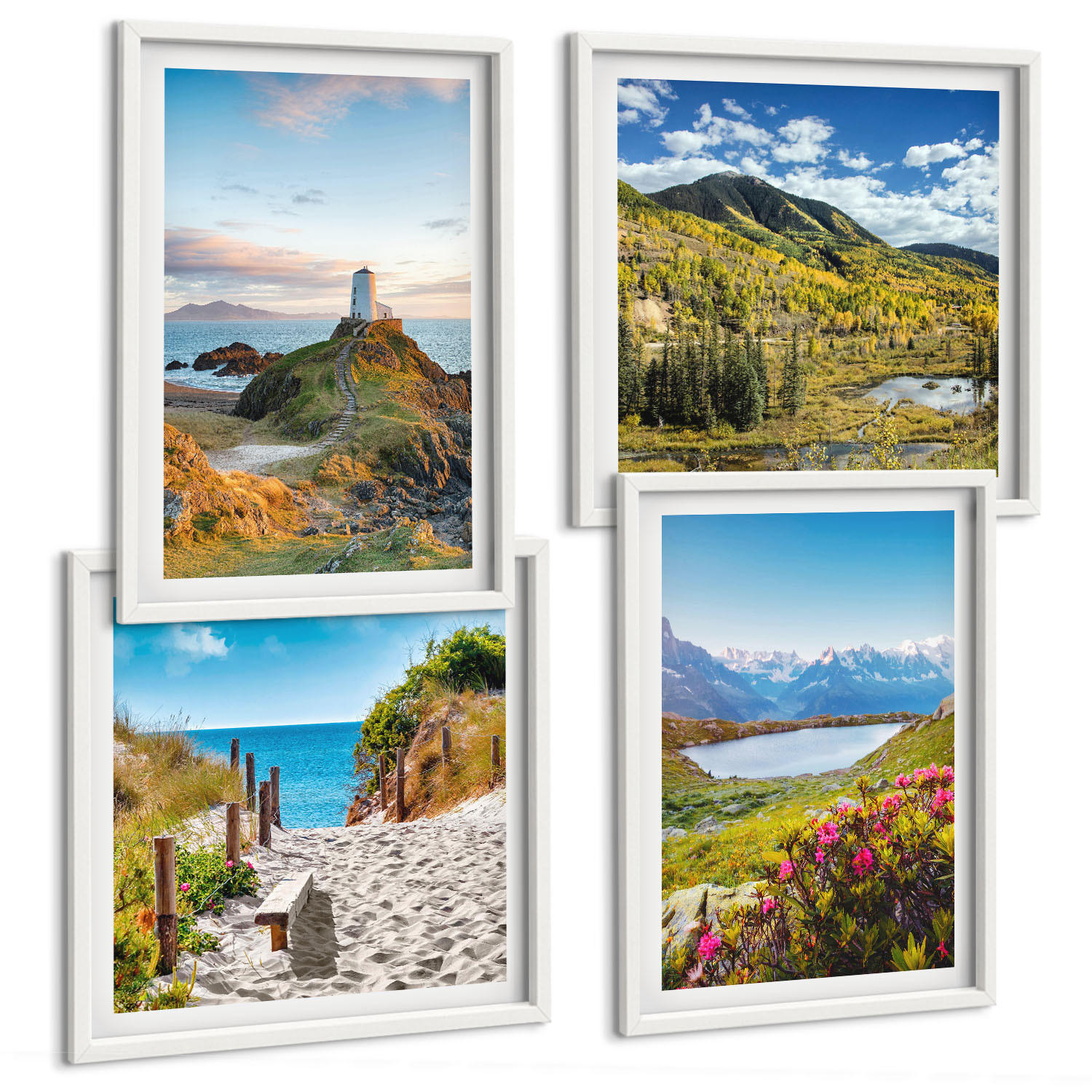 BILDER SET 4er Set - 50x50 cm & 40x60 cm Weißer Rahmen - Strand, Leuchtturm, Berge, Wiesen, Blumen - Weiß, Kunststoff (50/50cm) - TULUP