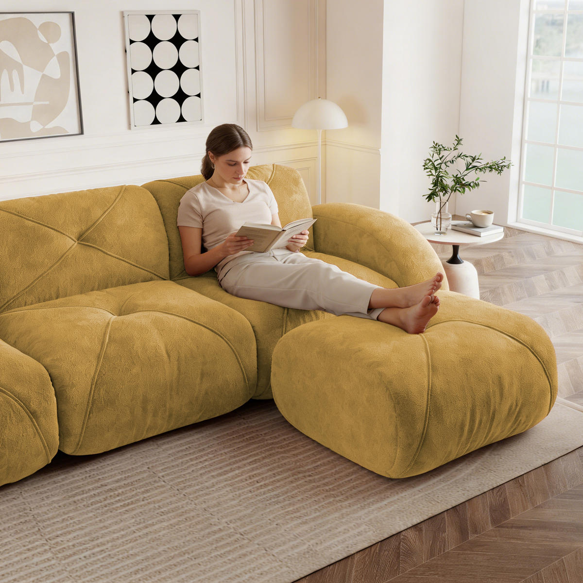 2-SITZER Sofa 204x171x76 cm aus Chenille-Stoff rahmenlos modular mit 2 Hockern, gelb - Gelb, Textil (171/76/204cm)