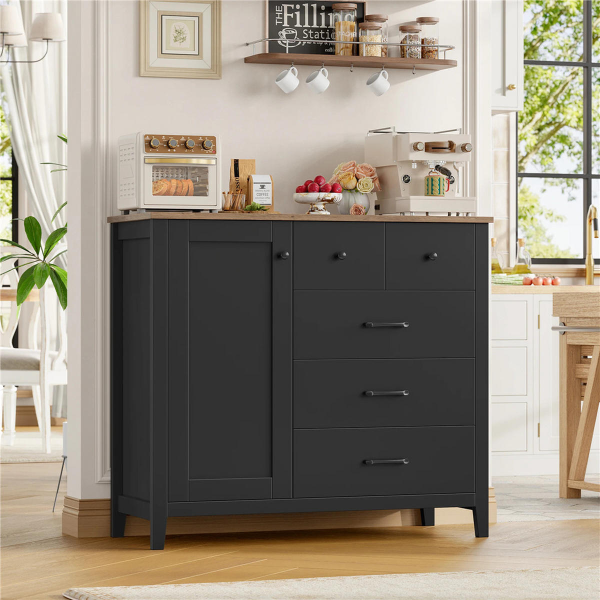 SIDEBOARD 100x94x40 cm Küchenschrank 5 Schubladen Schwarz - Schwarz, Holz (100/94/40cm) - Kaket