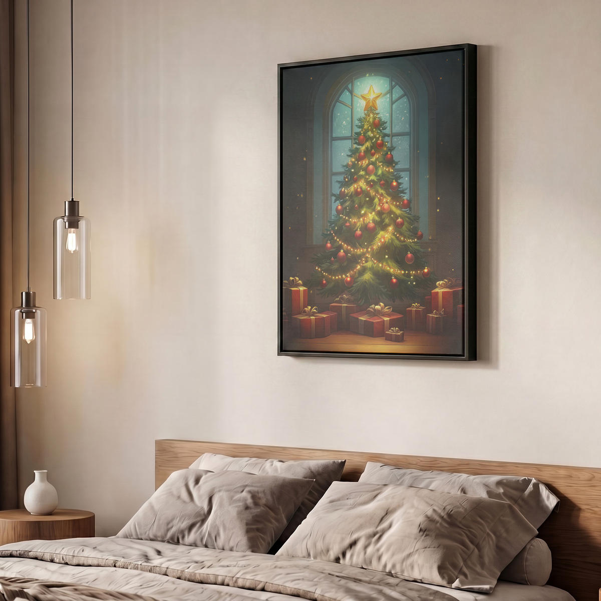 LEINWAND Bilder mit Rahmen - Weihnachtsbaum - Geschenk - Winter - 60x80 - Grün, Textil (60/80cm) - MuchoWow