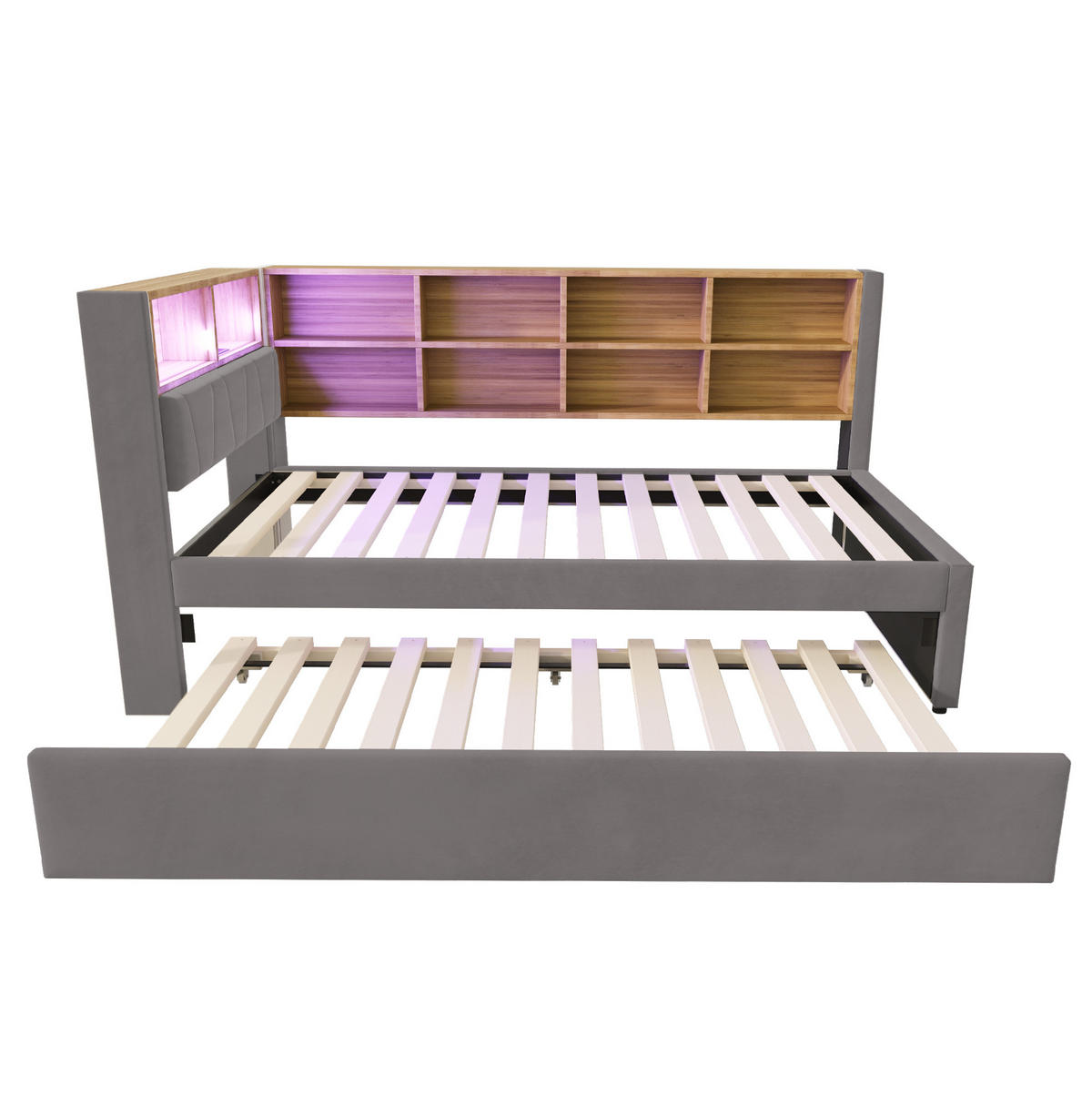 BETT mit Ausziehbett 90/190 cm Dunkelgrau Flanell mit LED-Leuchten & Ladeanschlüssen - Dunkelgrau, Textil (90/190cm) - OKWISH