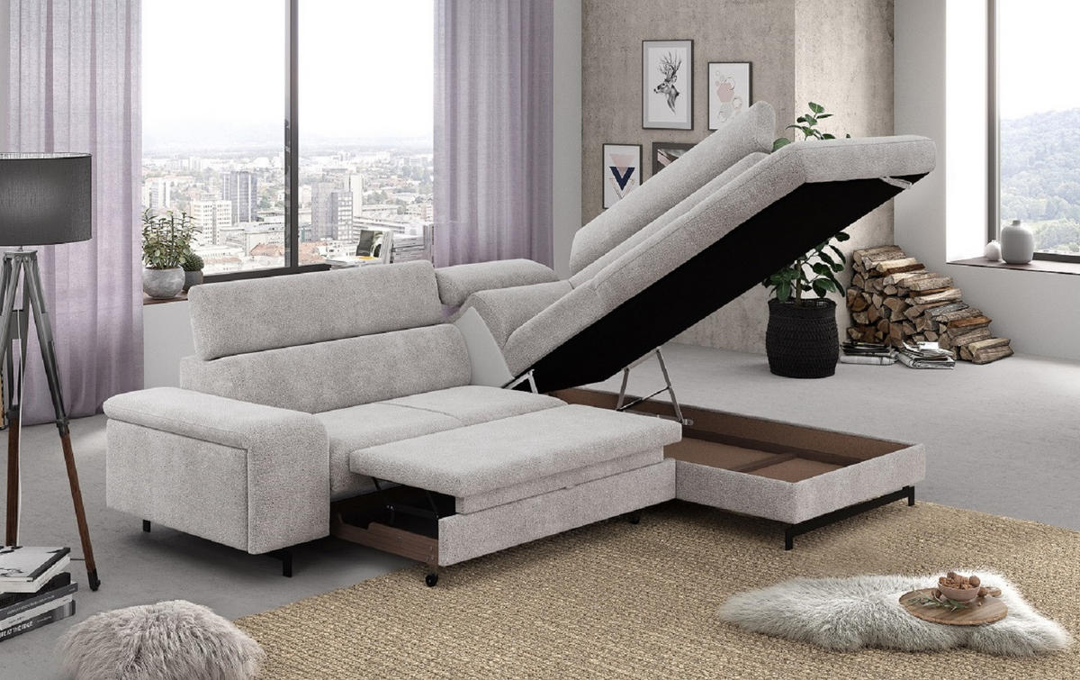 ECKSOFA mit Schlaffunktion und Bettkasten - Sandfarben/Schwarz, Kunststoff/Textil (215/262cm) - Cotta