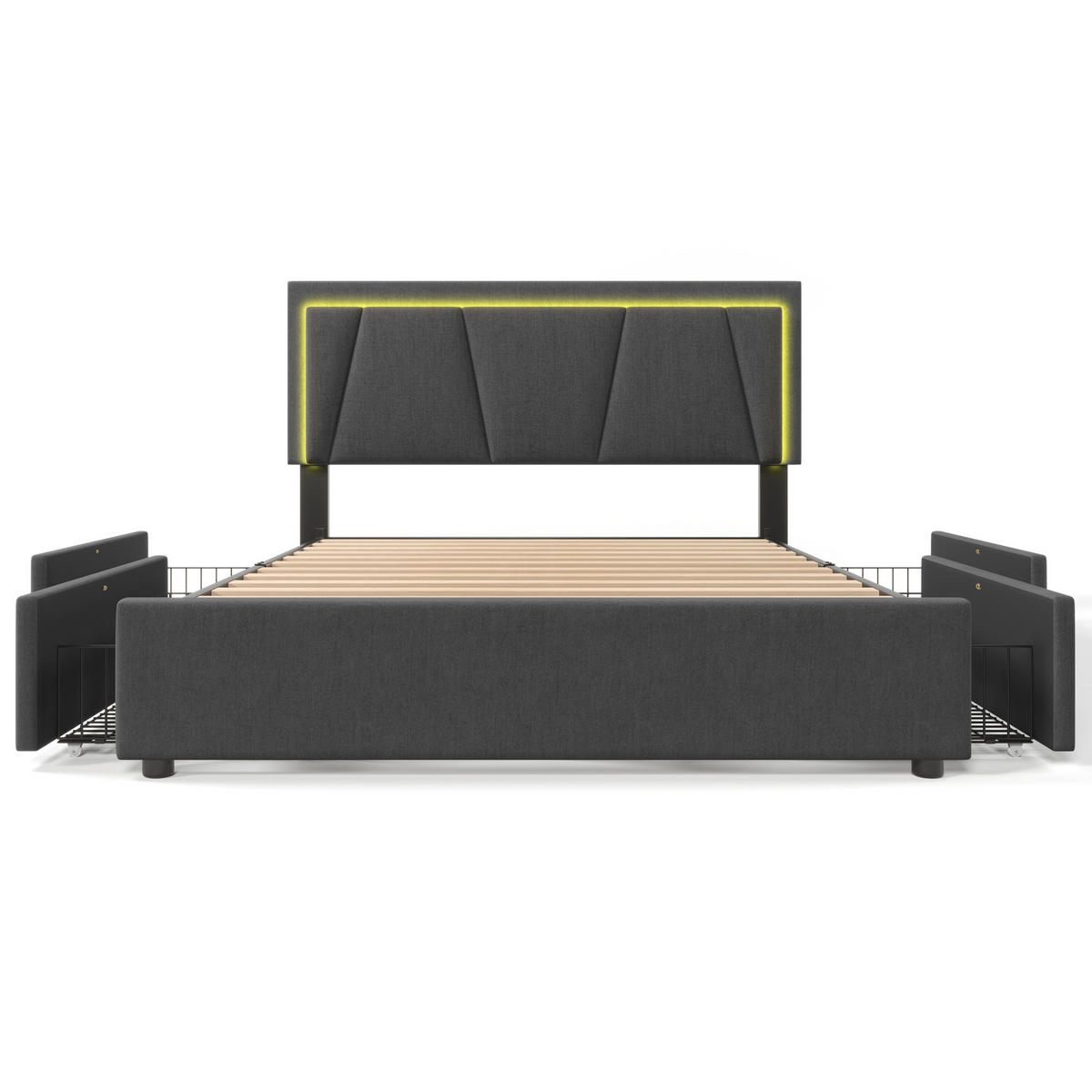 POLNJENA postelja iz lesa 160x200 cm siva z LED osvetlitvijo, nastavljivim vzglavjem in 4 predali - siva, tekstil (160/200cm) - Modfu