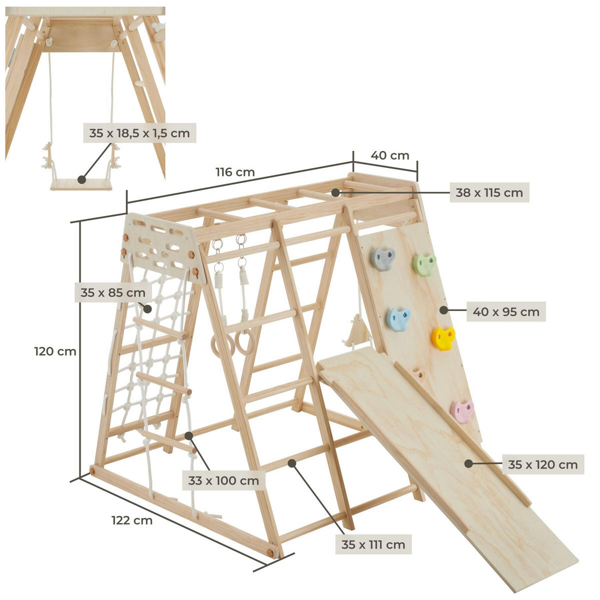 KLETTERGERÜST Mont Blanc, splitterfrei, abgerundete Ecken und Kanten, hellbraun - Hellbraun, Holz (127/120/123cm) - tectake