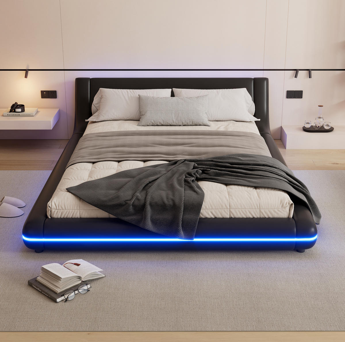 KREVET 140/200 cm s LED ambijentalnom rasvjetom, PU presvlakom i niskim profilom, Crna - crna, plastika (140/200cm) - Redom