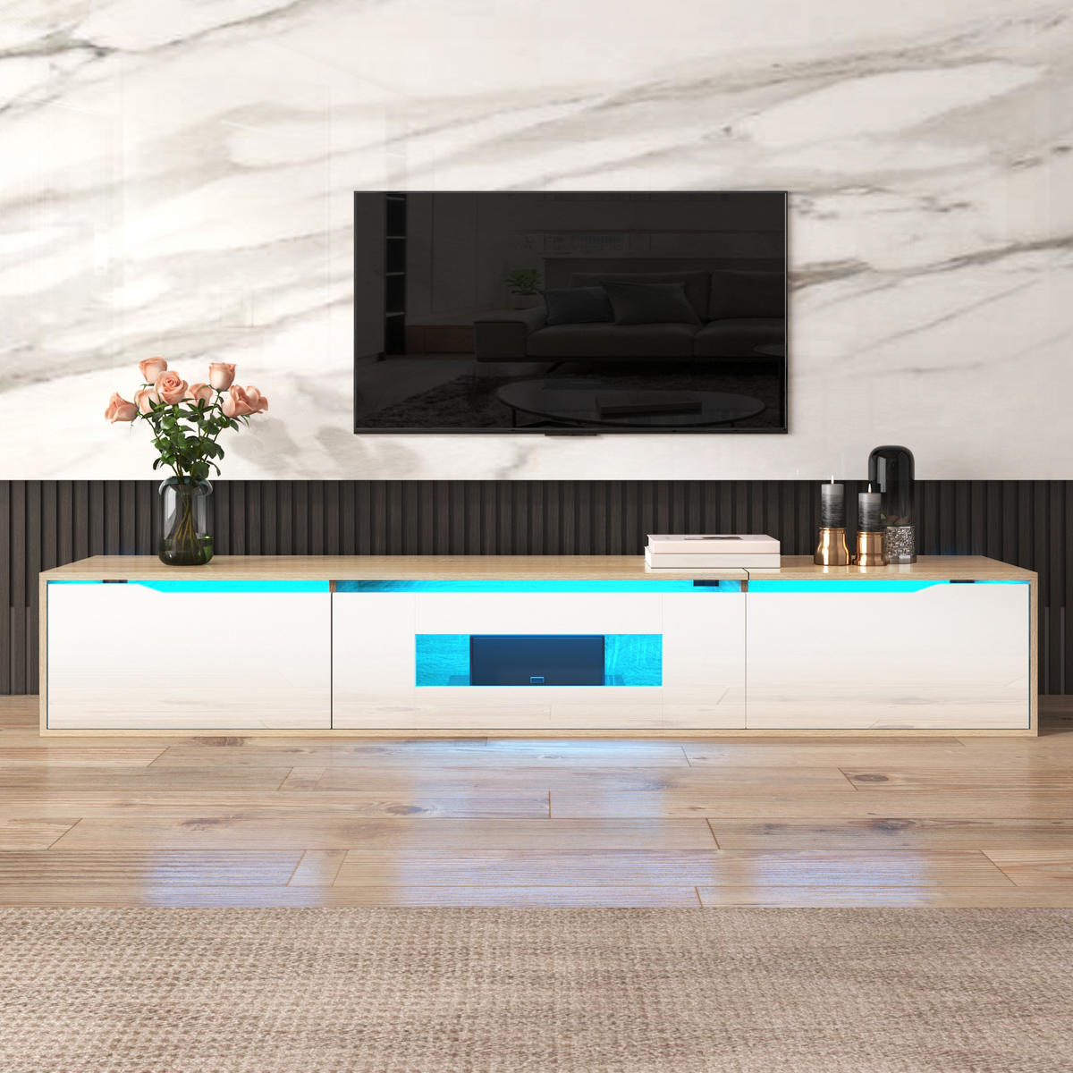 TV ormarić 180/35/30 cm bijeli i u boji drva od iverice s LED rasvjetom - bijela, drvni materijal (180/30/35cm) - OKWISH