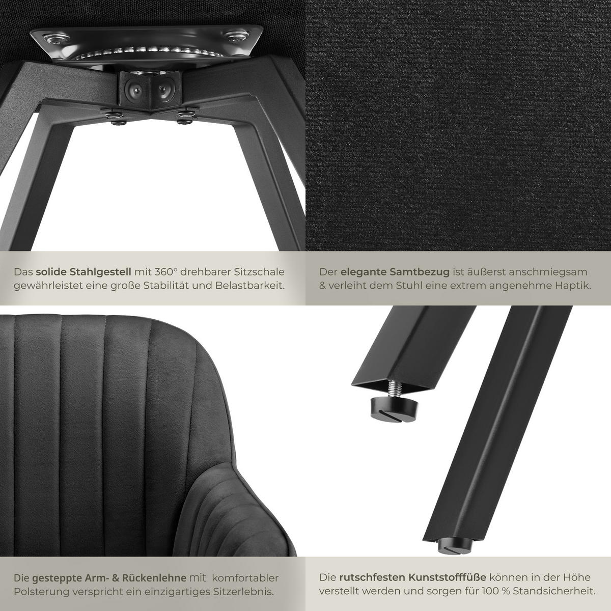 ARMLEHNSTUHL drehbarer 4er Set Snug 58 x 58 x 82 cm schwarz - Schwarz, Textil (58/82/58cm) - tectake