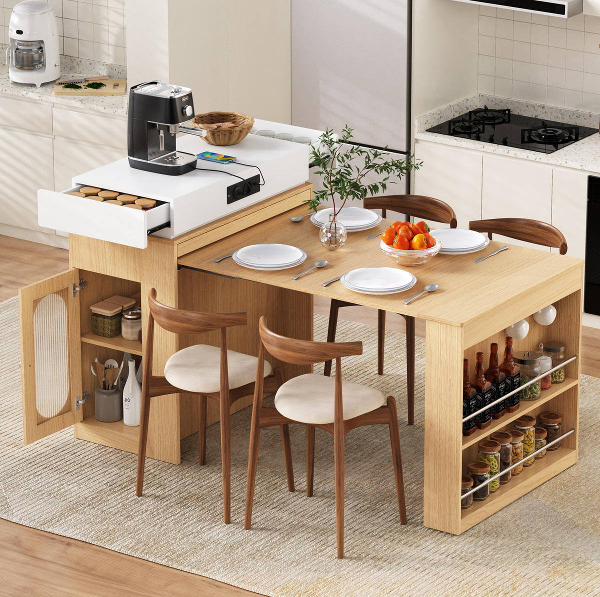 KÜCHENINSEL 83/96/46-146,5 cm Natur aus MDF und Glas mit ausziehbarer Tischplatte - Naturfarben, Holzwerkstoff (46/96/83cm) - OKMYHOME