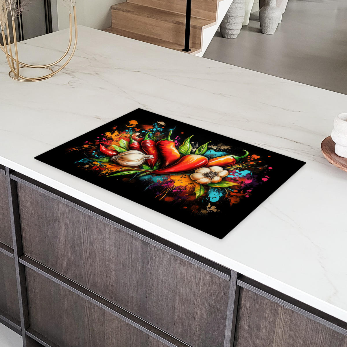 HERDABDECKPLATTE Gemüse - Paprika - Knoblauch - Graffiti - Farbe - Bunt Abdeckung Ceranfeld 81.2x52 cm - Rot, Kunststoff (81.2/52/0.2cm) - MuchoWow