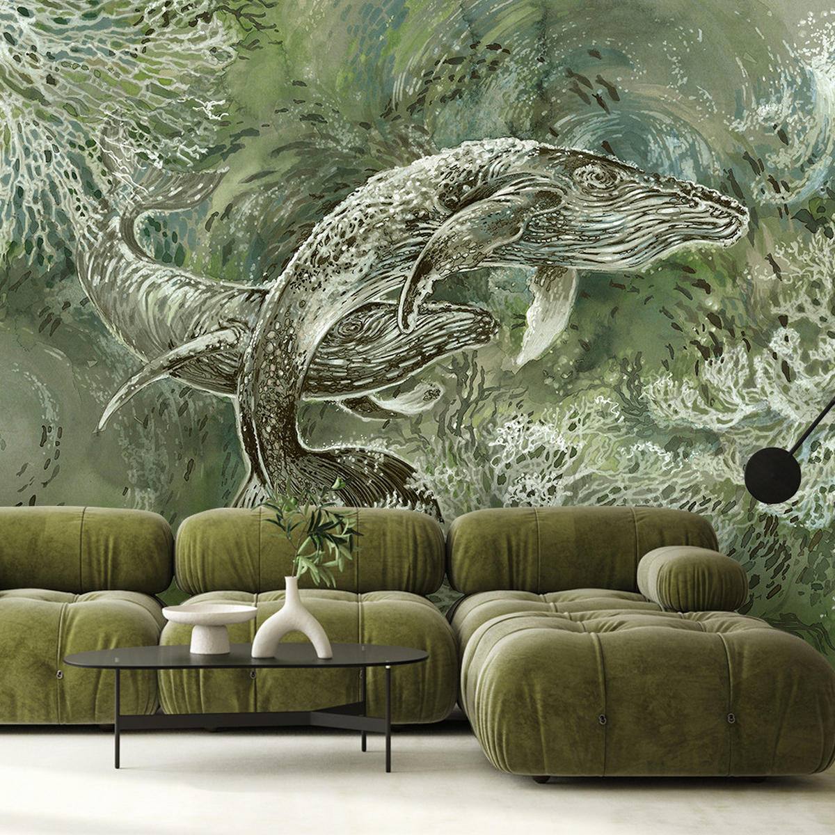 FOTOTAPETE, Ein Paar Wale Abstrakt Grün - Braun, Papier (150/105cm) - Feeby