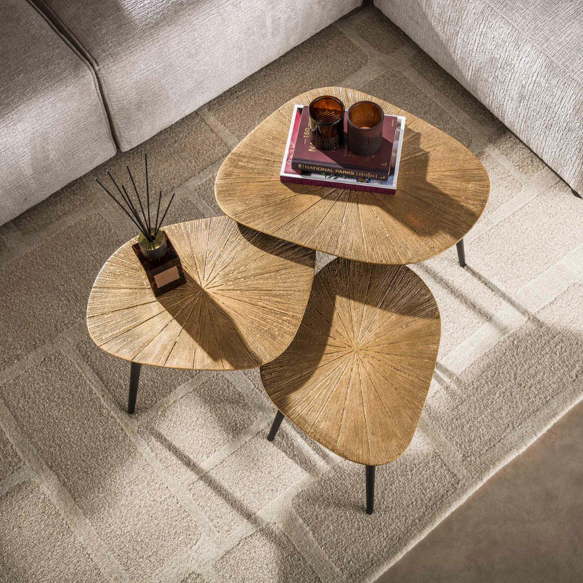 COUCHTISCH-SET TIZIANO RAGGIO 3-teilige Soft-Square Satztische in Antikgold - Goldfarben, Holz (51/62/43cm) - alesvelt
