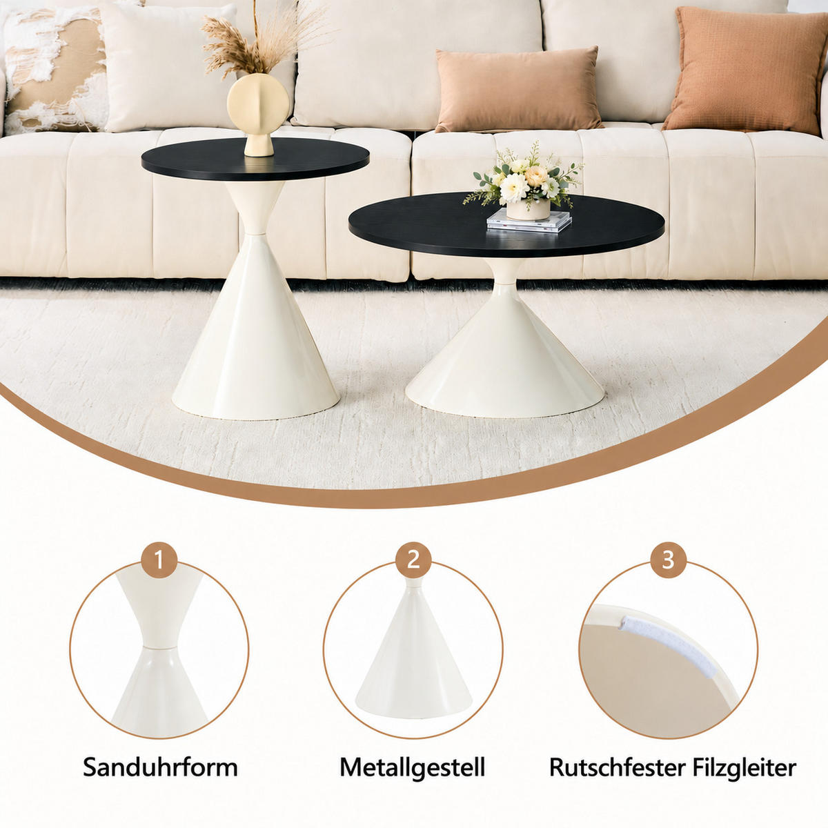 COUCHTISCH Set 2-teilig rund Schwarz/Weiß Melamin Stahlgestell 70/50 cm - Schwarz/Weiß, Metall (70/44.6/40cm)