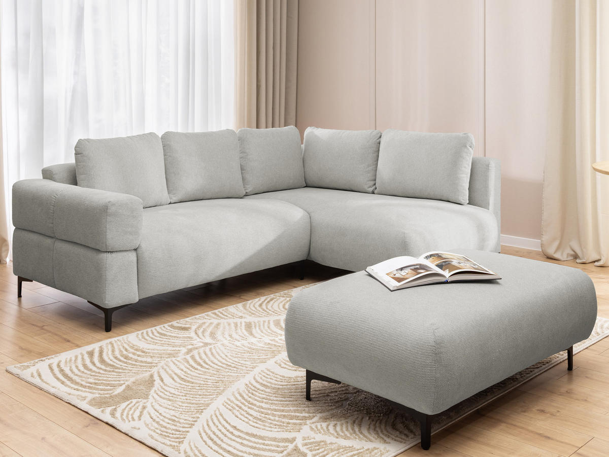 ECKSOFA inkl. Hocker Cardea mit Schlaffunktion in Bubble-Optik aus weichem Hellgrau Strukturstoff und hohem Sitzkomfort - Ottomane rechts - Hellgrau/Schwarz, Holz/Textil (230/170cm) - S-Style Möbel