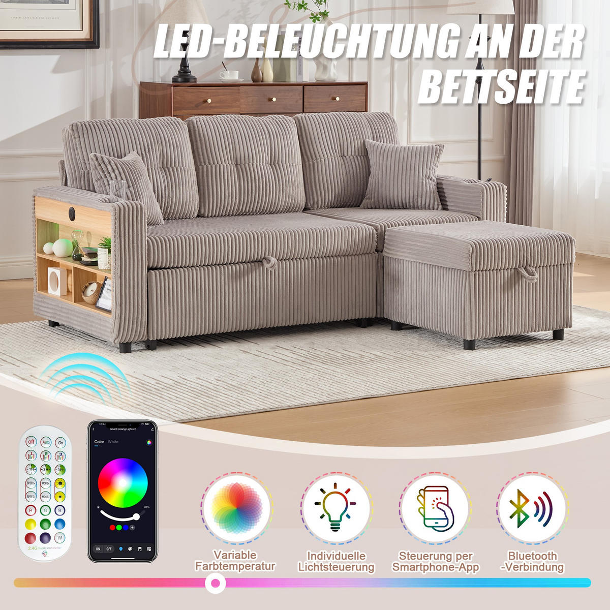 SCHLAFSOFA 3-er Sofa mit Schlaffunktion,Aufbewahrungshocker,Cord,Hellgrau - Hellgrau, Textil (196/85/119cm) - LVHOM