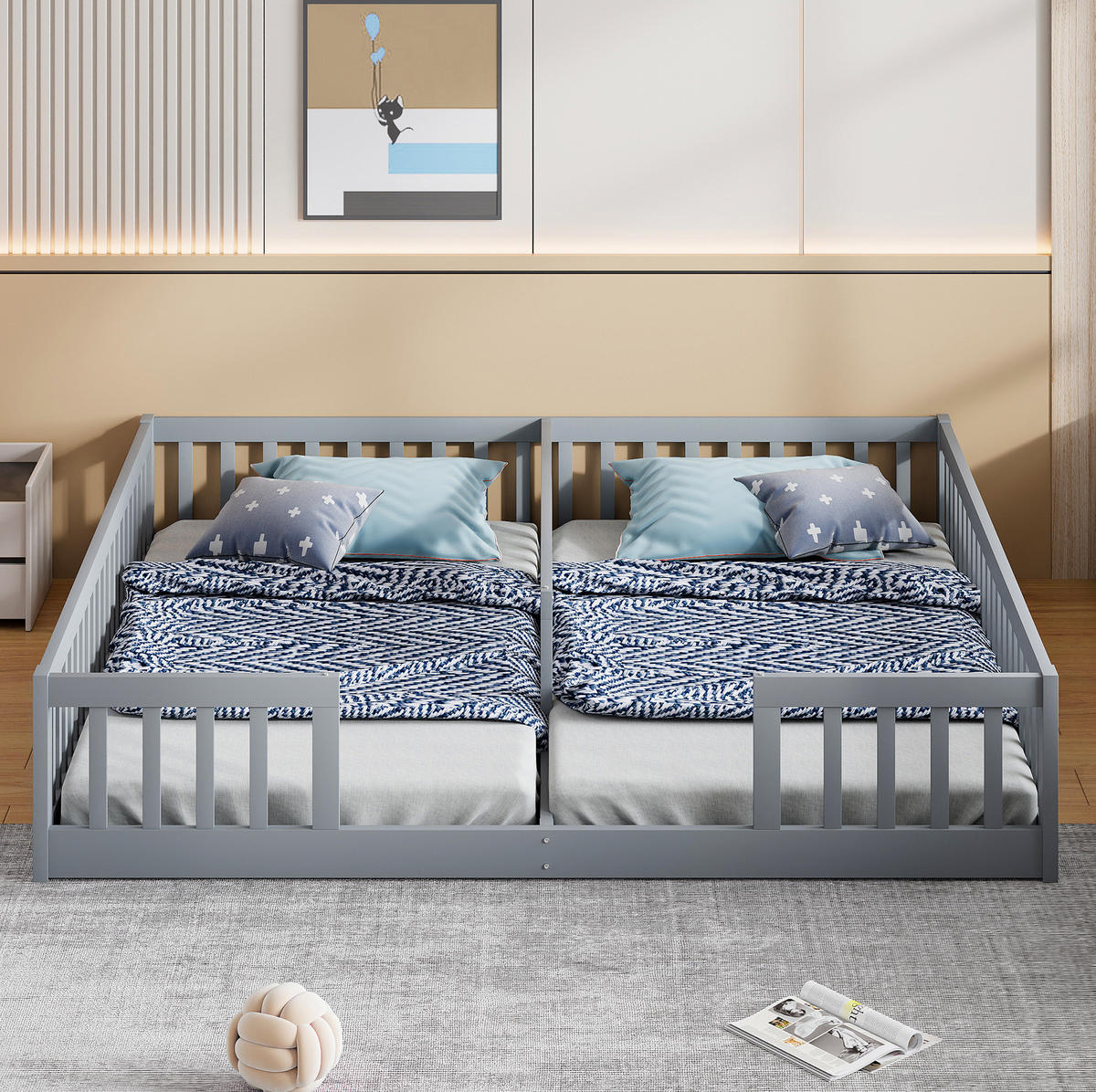 KINDERBETT 90/200 cm grau aus Kiefernholz und MDF mit Sicherheitsgitter - Grau, Holz (90/200cm) - OKMYHOME