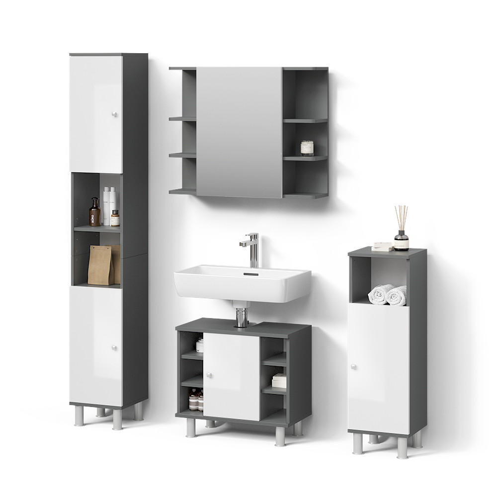 BADMÖBEL-SET Fucino Anthrazit 4 Teile - Weiß Hochglanz/Anthrazit, Holzwerkstoff (60/54/32cm) - Livinity®