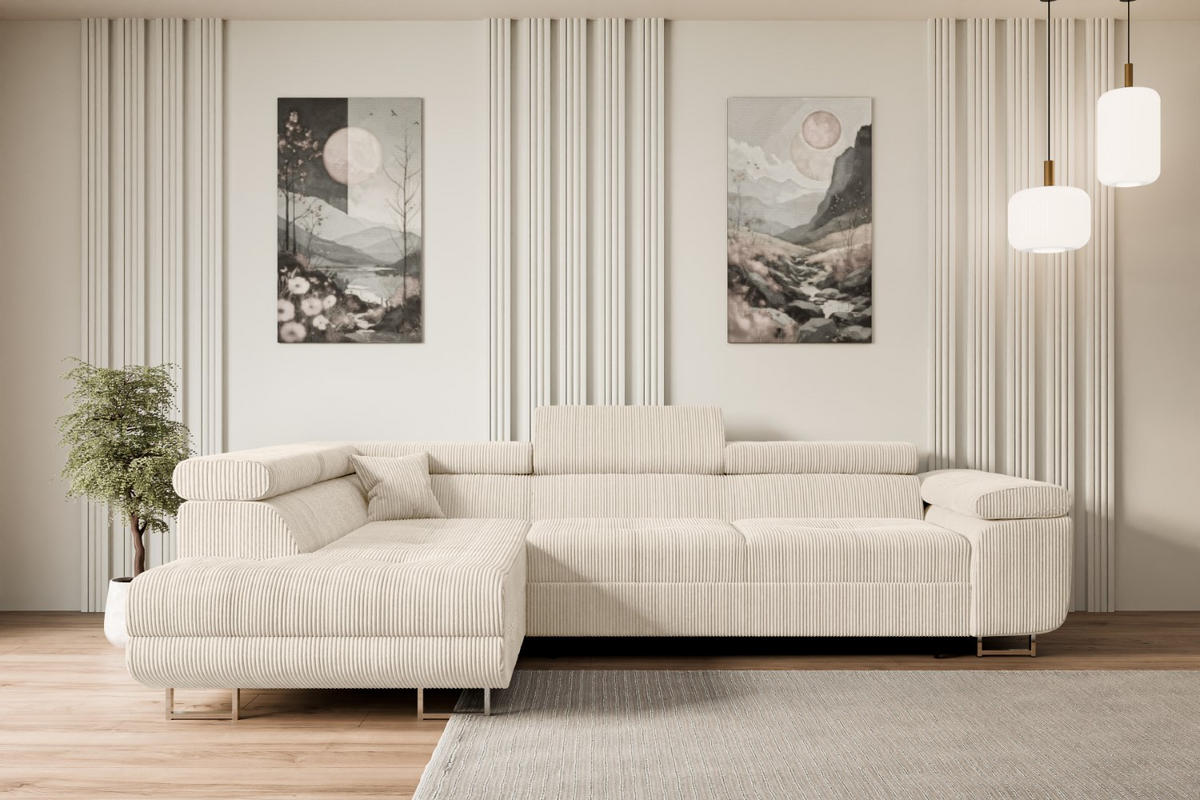 ECKSOFA mit Schlaffunktion und Bettkasten GUSA-L 272x202x107 cm Beige Cord - Beige/Silberfarben, Holzwerkstoff/Textil (202/272cm) - ALTDECOR