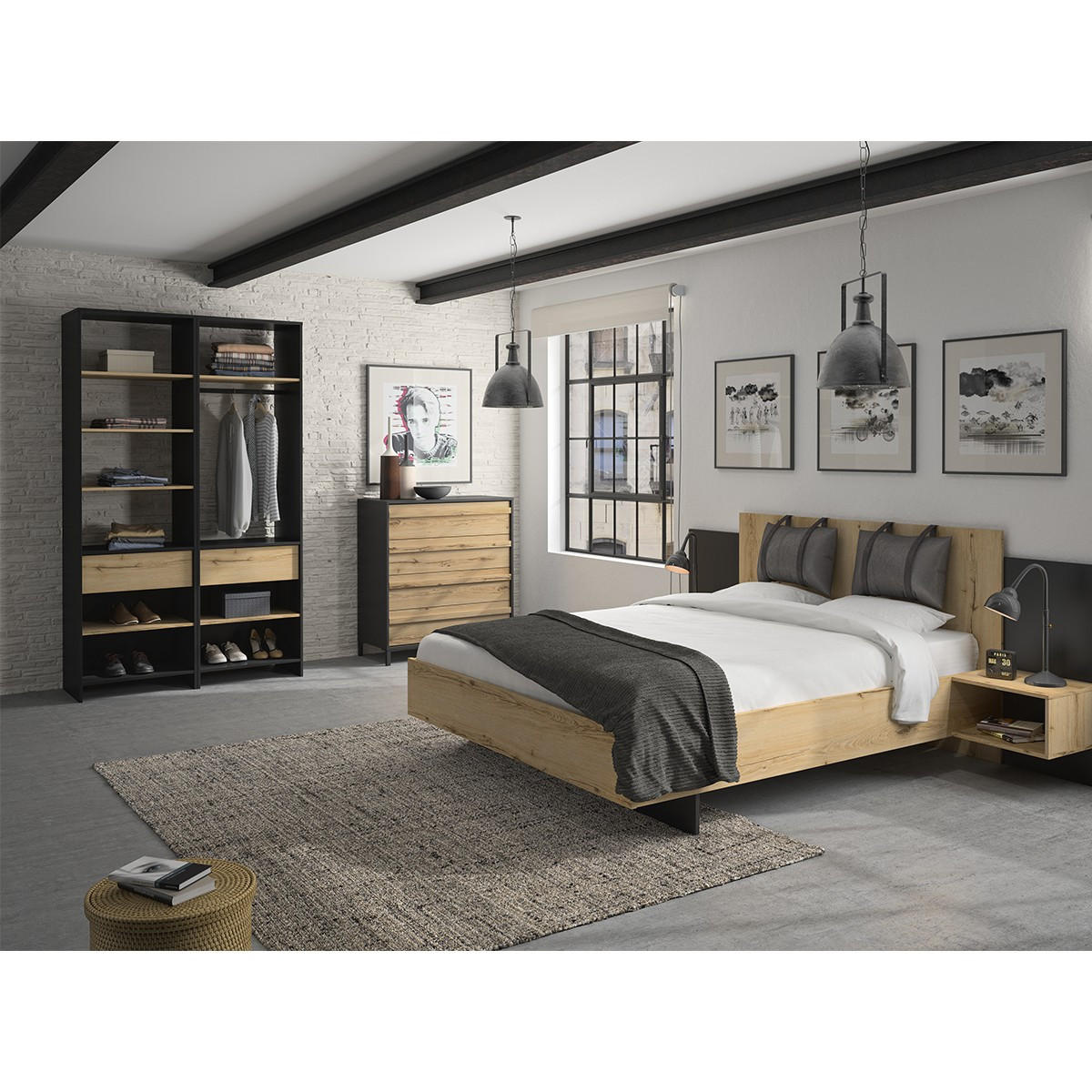 KLEIDERSCHRANK mit einer Schublade und Kleiderstange MIMIZAN - Französische Herstellung - 63/45/213 cm - Schwarz, Holzwerkstoff (45/213/63cm) - Calicosy