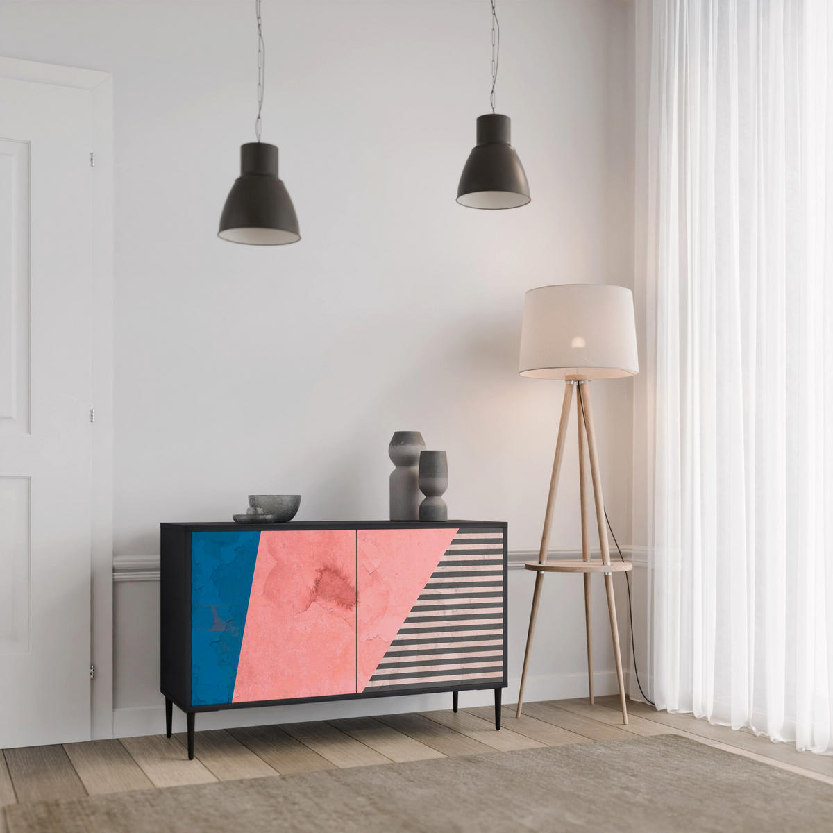 SIDEBOARD GLAMOROUS STRIPE, Eicheneffekt, 111x42x77,5 cm, 2 Türen - Eichefarben/Buchefarben, Holzwerkstoff/Buchenholz (111/77.5/42cm) - SpaceRebels