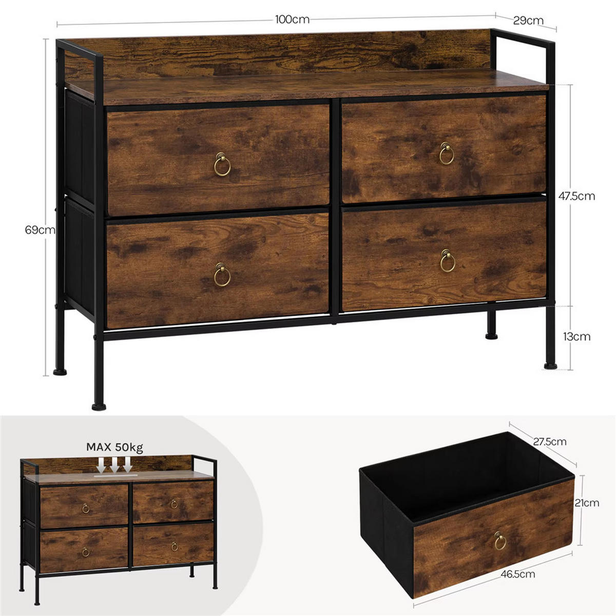 KOMMODE Stoff 4 Schubladen Sideboard 100x69x29 cm - Braun, Metall (100/69/29cm) - Kaket