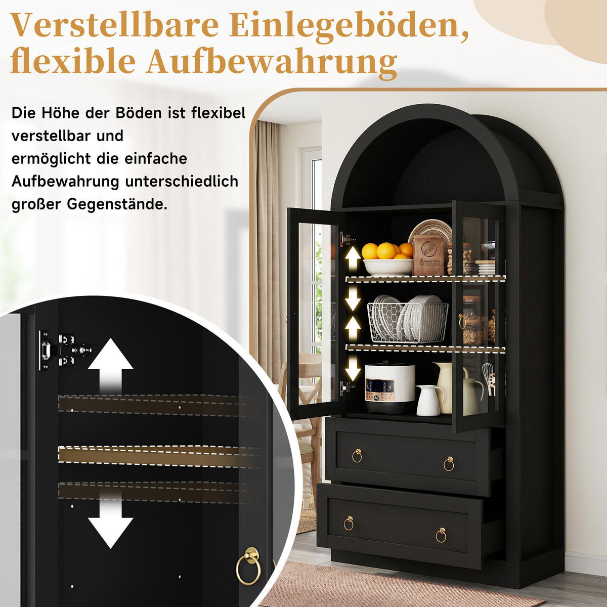 AUFBEWAHRUNGSSCHRANK 170cm Glastüren Schubladen Schwarz - Schwarz, Holzwerkstoff (80/170/36cm) - FLIEKS