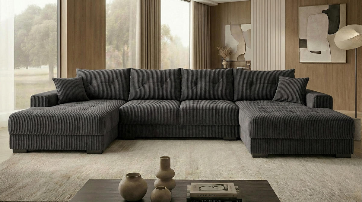 ECKSOFA MODENA 320 cm x 185 cm – Stoff: ZOOM 22 Farbe: Dunkelgrau - Dunkelgrau, Textil (320/185cm) - A&J MöbelLand