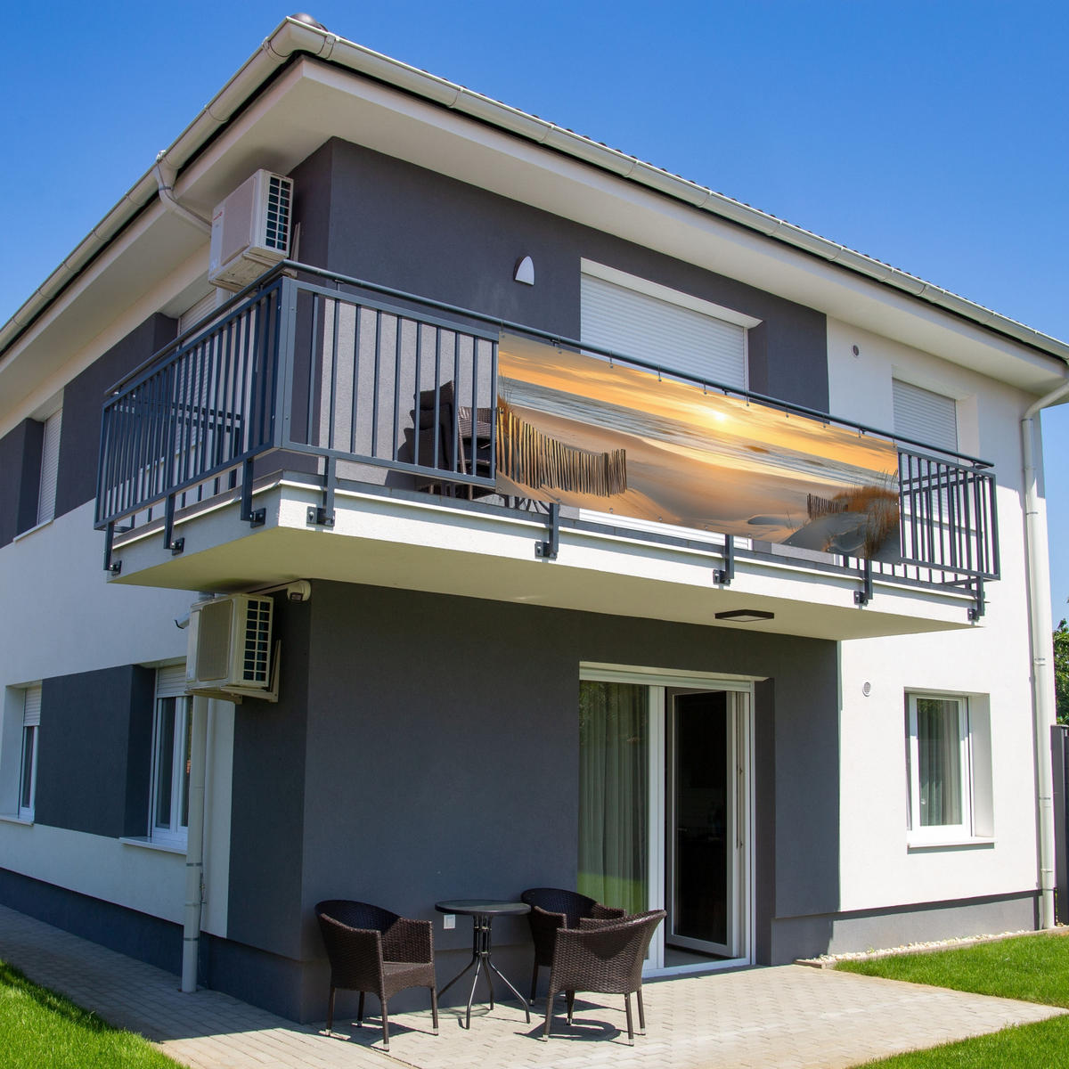 BALKON-SICHTSCHUTZ Strand - Dünen - Sonnenuntergang 300x100 cm - Sandfarben, Kunststoff (300/100cm) - MuchoWow