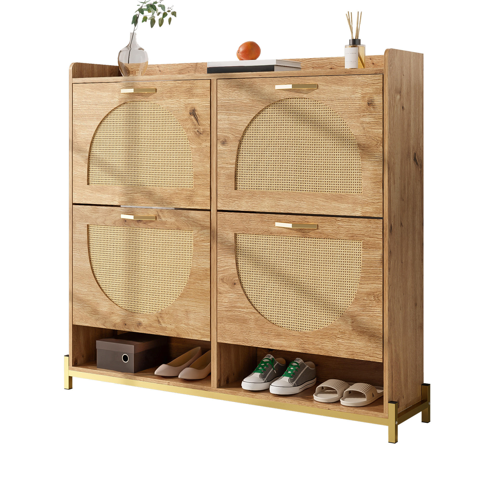 Modfu BOTNÍK z MDF 108,5x24x100 cm v dekoru dřeva s horní odkládací policí a ratanovým vzhledem